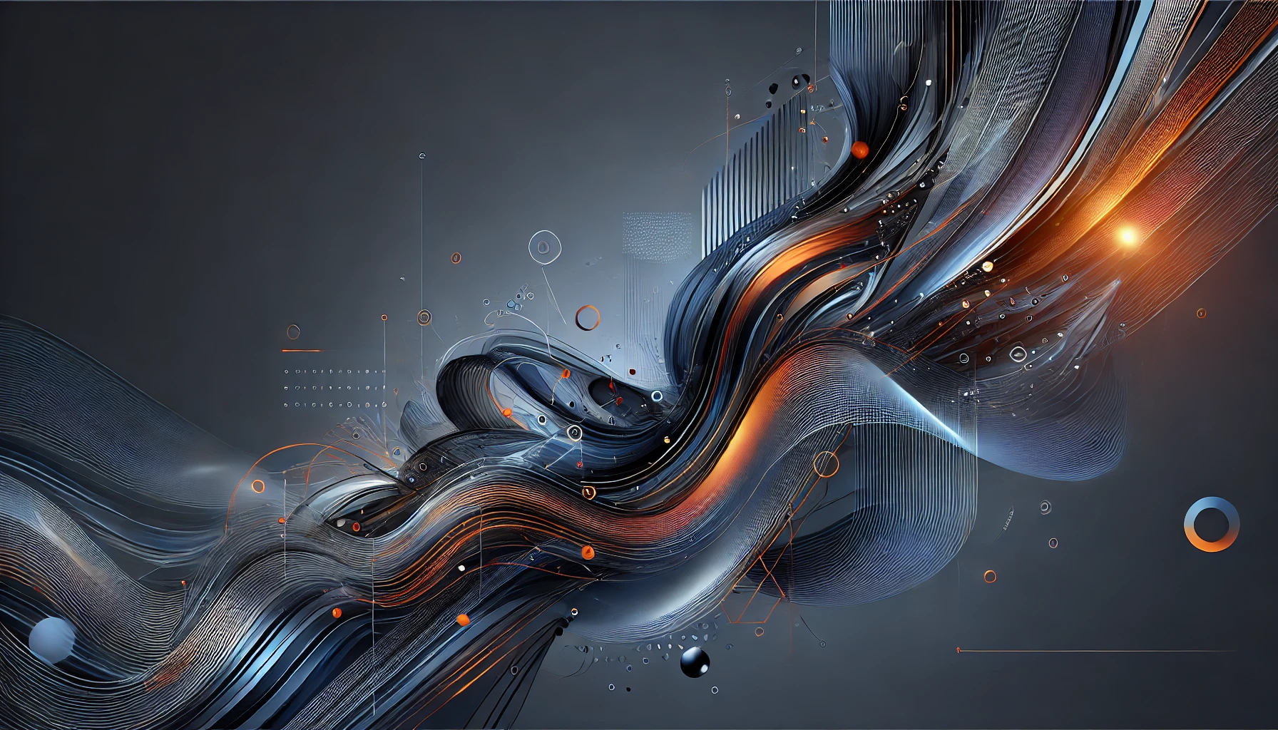 A highly polished, conceptual background image designed for the hero section of a website. The image features a blend of abstract elements, including flowing lines, geometric shapes, and digital patterns, creating a sense of depth and movement. The color scheme is focused on deep navy blue, with vibrant orange accents that add energy and highlight key areas. The design is sleek and minimalistic, with soft gradients and a futuristic feel, perfectly complementing a modern, tech-focused company. This background should evoke innovation, progress, and cutting-edge technology without overwhelming the foreground content.